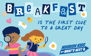 Illustrated school children with magnifying glasses looking at colorful breakfast items such as eggs and cereal pieces. The text says, 